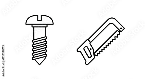 Simple line art depicting a screw and a handsaw silhouette