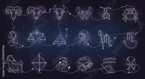 Collection of Zodiac Constellations Against Starry Night Sky.