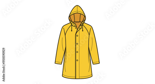 A bright yellow raincoat hangs depicted in a flat silhouette