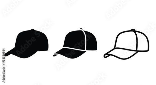 Four baseball caps displayed in varying perspectives a black silhouette