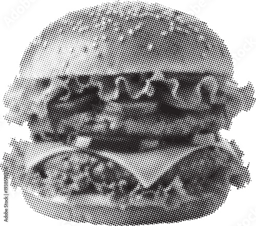 Delicious double cheeseburger with sesame seeds provides satisfying fast food meal halftone texture