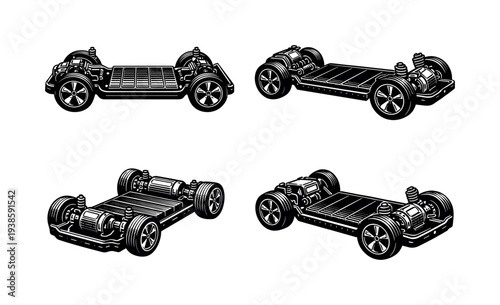 Set of electric vehicle chassis in black and white vector illustration