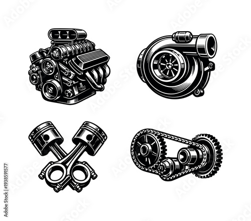 Detailed black and white engine parts illustrations vector set