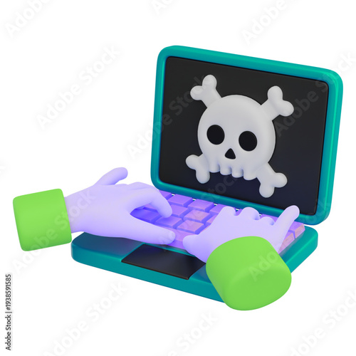 Person typing on laptop with skull on screen icon, vector illustration.