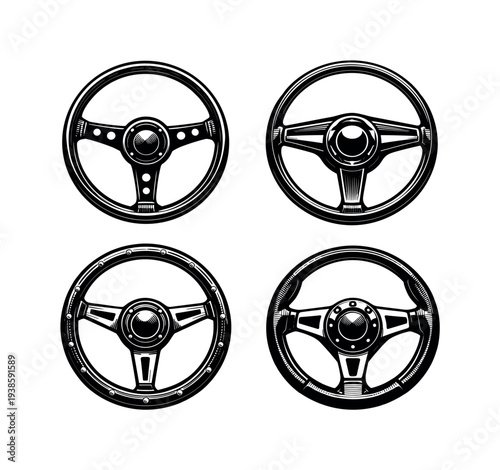 Vintage car steering wheel set vector illustration in black and white silhouette style