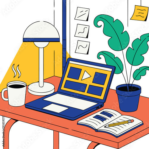 Modern workspace flat vector illustration featuring laptop coffee cup desk lamp potted plant and open notebook on table