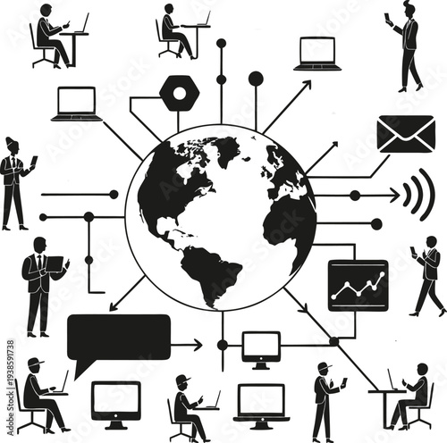 Global digital communication network connecting people and devices worldwide using laptops and smartphones communication technology