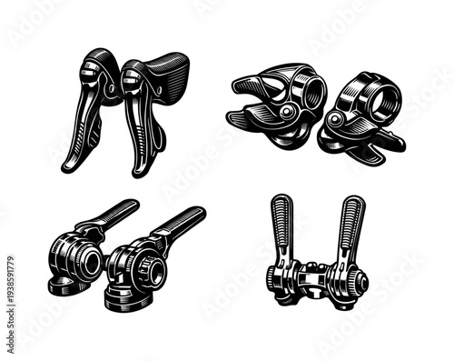 Black and white vector illustration of bicycle gear shifters and components set