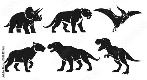 Collection of prehistoric animal and dinosaur silhouettes: T-Rex, Triceratops, Pterodactyl