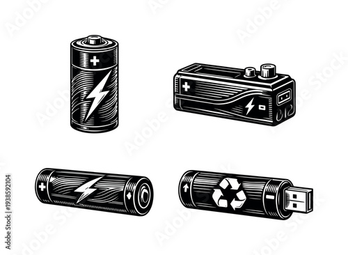 Vintage style black and white battery and usb vector illustration set