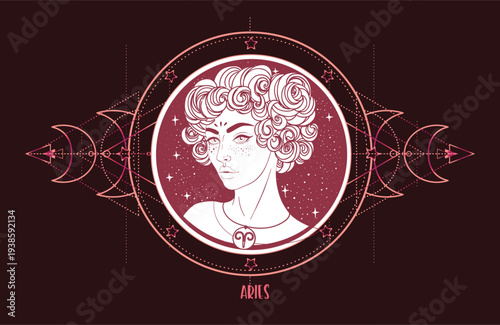 Vector line art of Aries zodiac woman with sacred geometry and star map. Modern mystical astrology illustration in black and white, inspired by new age spirituality, oracle symbolism and horoscope