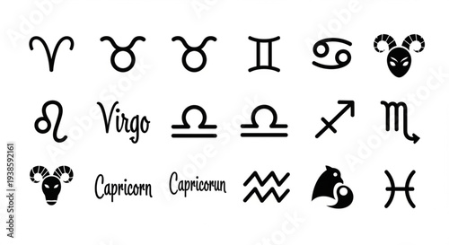 Collection of Zodiac Signs and Symbols Astrology Icons.