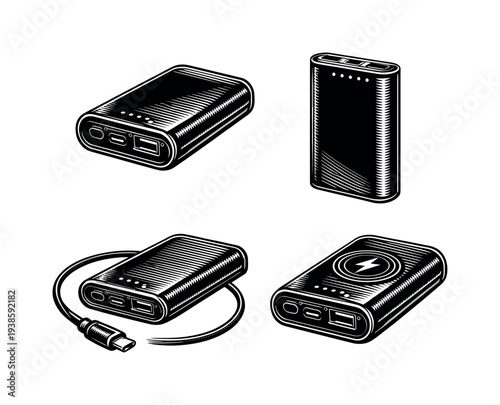 Vintage style power bank illustrations set, black and white vector clipart