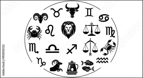 Collection of Zodiac Signs and Symbols in Circle.