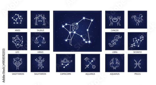 Collection of Zodiac Constellations and Symbols on Dark Blue Background.