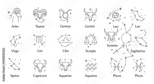 Collection of Zodiac Constellations and Symbols with Names.