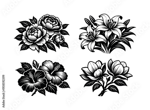 Black and white floral set featuring roses lilies hibiscus and magnolia illustrations