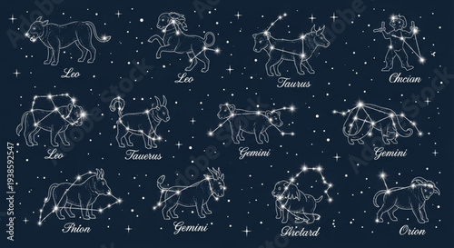 Collection of Zodiac Constellations on a Starry Night Sky.