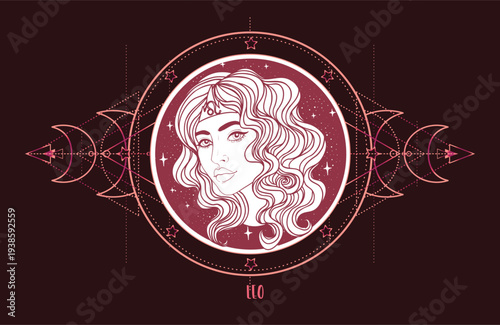 Vector line art of Leo zodiac woman with sacred geometry and celestial star map. Mystical astrology illustration connected with horoscope symbolism, new age spirituality and cosmic energy.