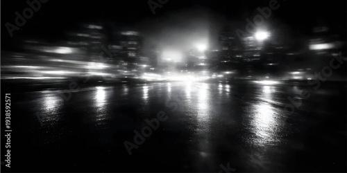 Abstract Night City Lights Motion Blur on Wet Street, Futuristic Urban Skyline Reflection, Cinematic Black and White Cityscape Background