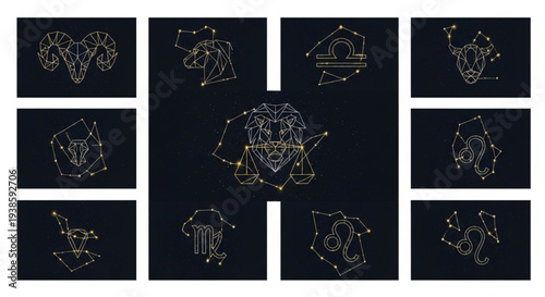 Collection of Zodiac Constellations on Dark Background.