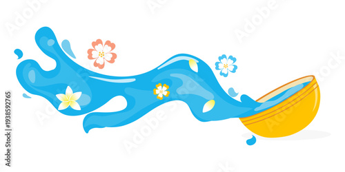 Songkran festival with pouring water and flowers from a bowl. Vector. Isolated element.