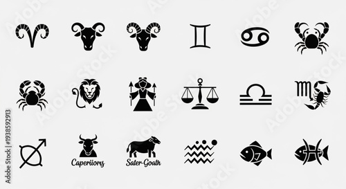 Collection of Zodiac Sign Symbols Astrology Icons.