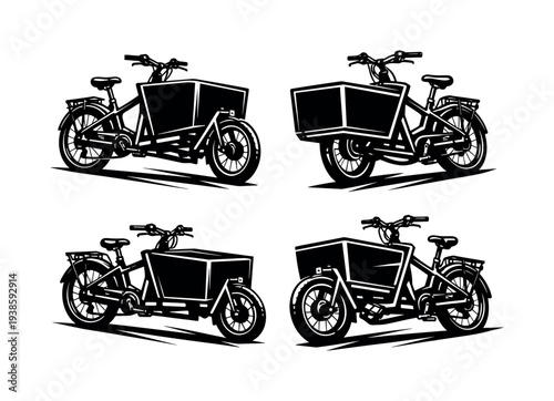 Black and white silhouette of cargo bike set vector illustration