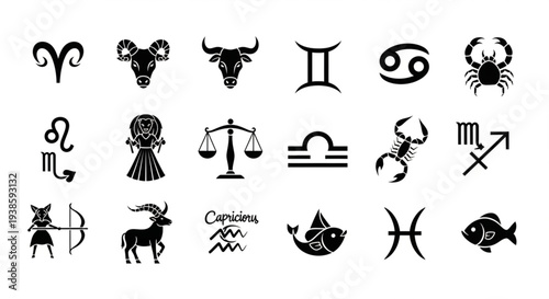 Collection of Zodiac Sign Symbols in Black and White.