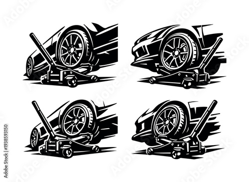 Black and white car jack vector illustrations featuring automotive wheels