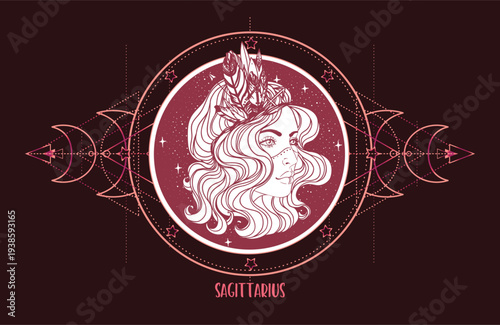 Vector line art of Sagittarius zodiac woman with sacred geometry and constellation map. Mystical astrology illustration inspired by cosmic exploration, horoscope reading and new age philosophy.