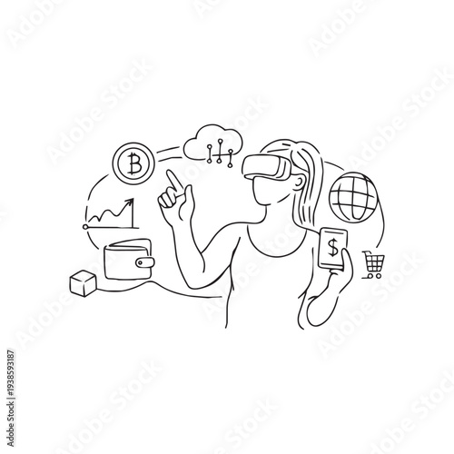 VR user interacting with crypto wallet and bank in digital world
