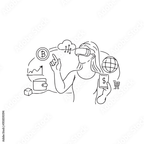 VR user interacting with crypto wallet and bank in digital world

