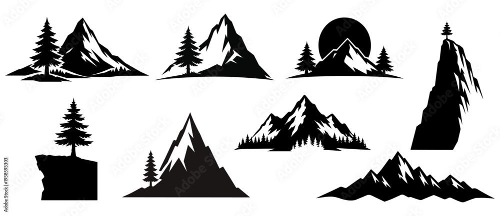 Fototapeta premium Mountain peaks and pine tree landscape silhouette vector set for outdoor adventure design