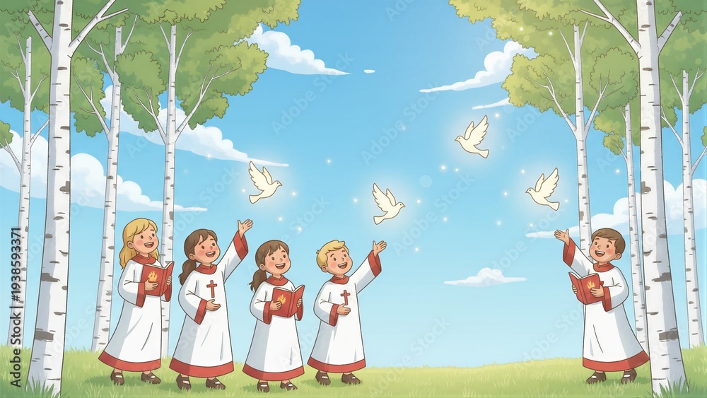 Obraz premium Group of children in white robes with red books looking up at flying doves. Pentecost Holy Spirit concept illustration for religious education.