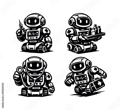 Set of medical robot illustrations in black and white vector style