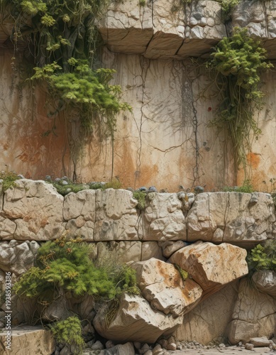 Rough-hewn travertine wall with moss and lichen growth,  texture,  earthy,  natural
