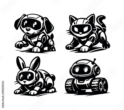 Black and white vector robot animals silhouette set with cat dog bunny robot