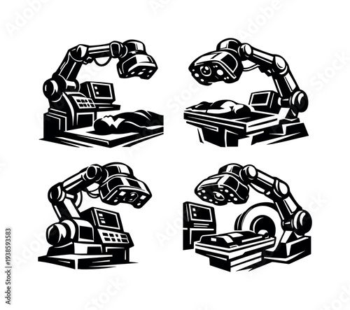 Black and white medical equipment silhouette set featuring robotic surgical machines