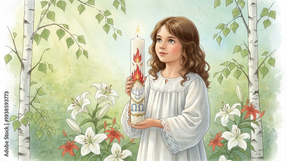 Obraz premium Girl holding a white Paschal candle featuring the symbols of the Holy Spirit. Christian ceremony concept. Pentecost holiday.