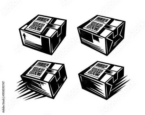 Vector illustration of express delivery boxes with qr codes black and white silhouette