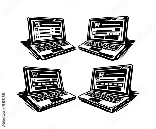 Set of black and white vector illustrations of laptops with online shopping screens