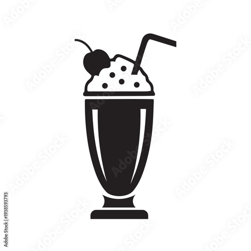 Black and white milkshake icon with straw and cherry