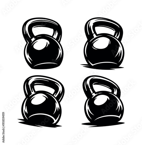 Set of four kettlebell silhouettes in black and white vector illustration
