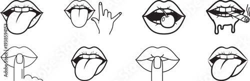 Set of stylized line art icons of lips and hand gestures
