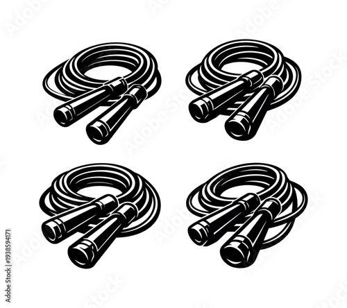 Set of skipping ropes in black and white vector silhouette style