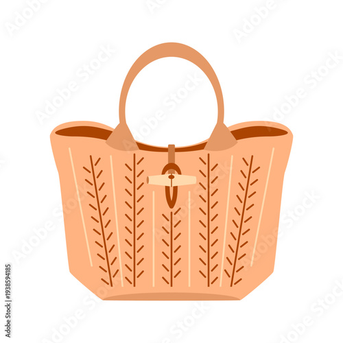 Straw tote bag with nature pattern, vector illustration for summer fashion blogs, commerce product catalogs, beach travel content, women's lifestyle magazines, shopping apps, eco-friendly branding.