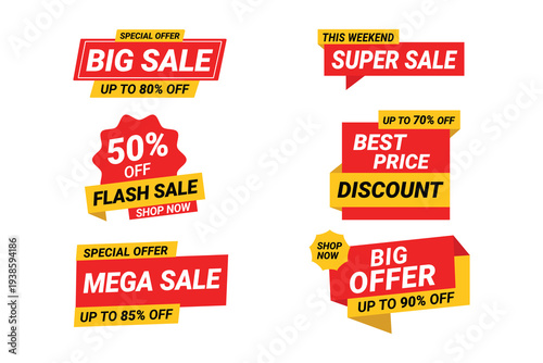 Sale tags collection. Big sale, super sale, flash sale, mega sale banner set. Shop or online shopping sticker, badge, coupon and store. Vector illustration isolated on white background