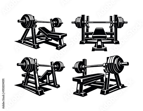 Weightlifting equipment vector illustration set with bench press and barbells