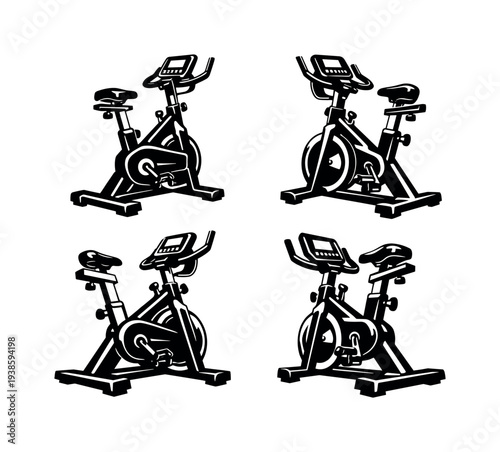 Black and white silhouette vector set of exercise bikes for fitness illustrations